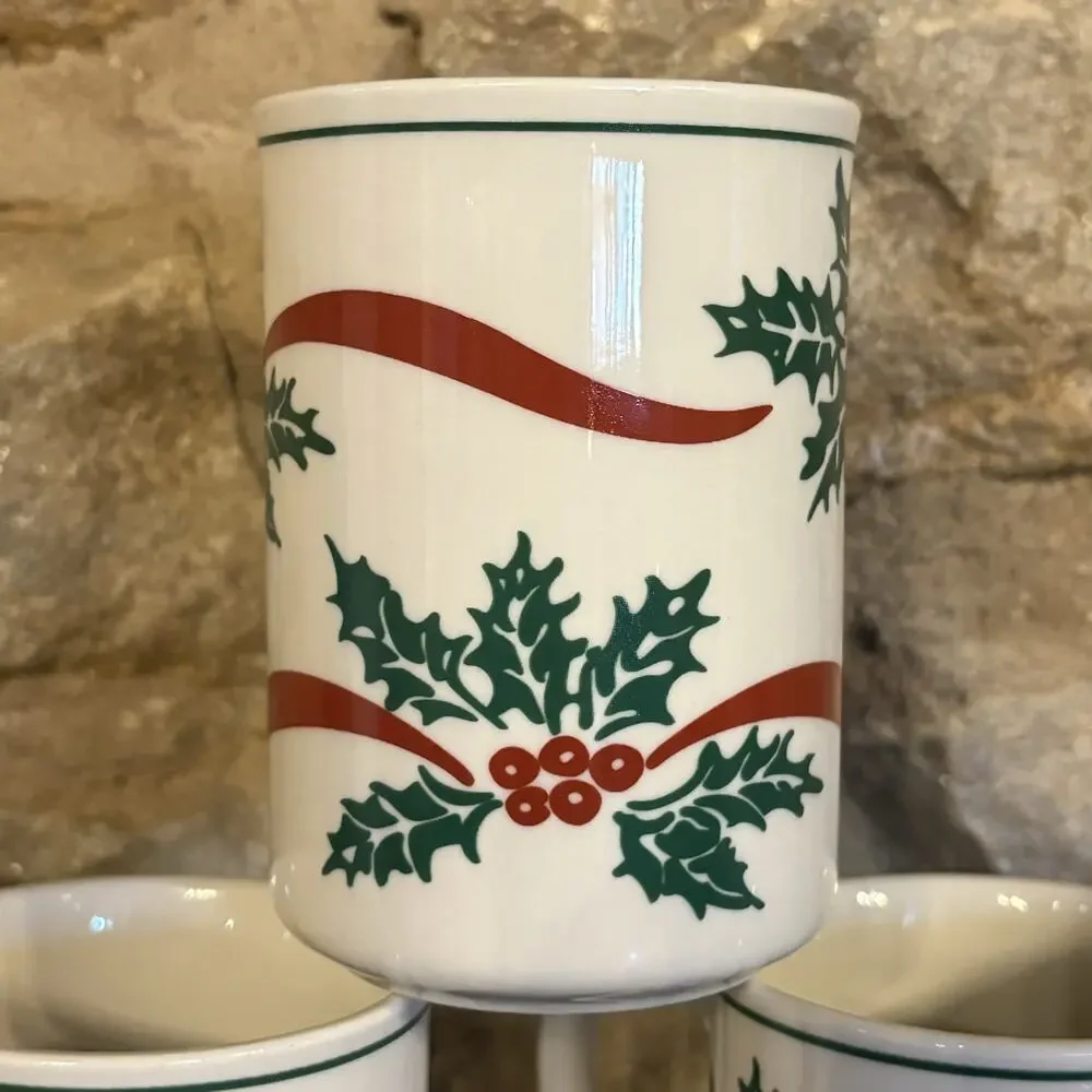 Vintage Libbey Holly Berries Ribbon Ceramic Cups Mugs Holiday Christmas Set of 6